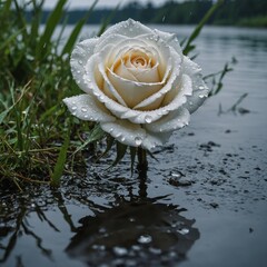 A pure white rose with raindrops on its petals, standing in grass near a crystal-clear lake.