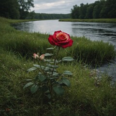 A two-toned rose, half white and half red, surrounded by soft green grass near a tranquil river.