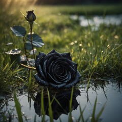 A black rose with golden highlights in dewy grass, reflecting over a still water background.