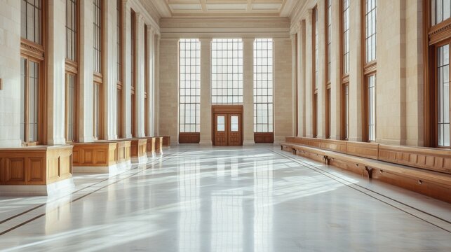 A legislative hall with expansive glass windows and classic wooden accents. Featuring balance and formality