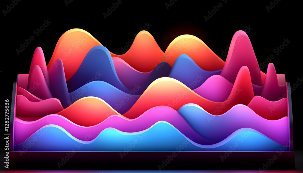 Poster vibrant abstract 3d waves, dynamic flowing colorful peaks and valleys, multicolored undulating forms