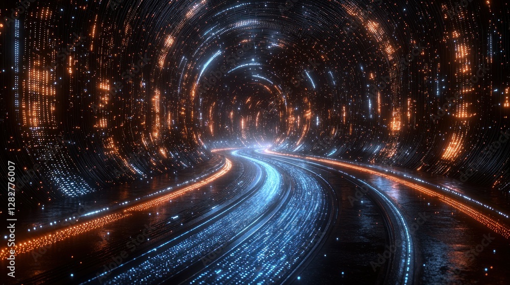 Poster light trails speed through futuristic digital tunnel, data stream visualization