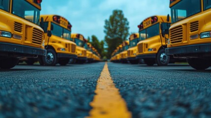 School buses parked, asphalt, fleet, summer