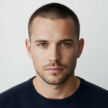 Front facing portrait of a man with buzz cut hairstyle with white background
