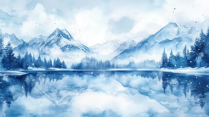 Watercolor art background with mountains and lake in winter. Landscape banner in blue tones for art decorations, print for decor