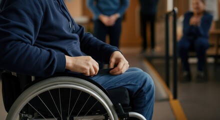 Obraz premium Person in wheelchair adjusting strap with others background