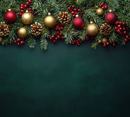Festive Christmas border with golden ornaments, red berries, pine cones and pine branches on dark green background. Ideal for holiday greetings, banners, and social media designs with copy space.