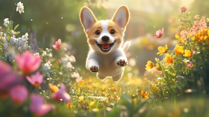 A playful corgi puppy jumping in the air on a sunny day, surrounded by blooming flowers in a garden