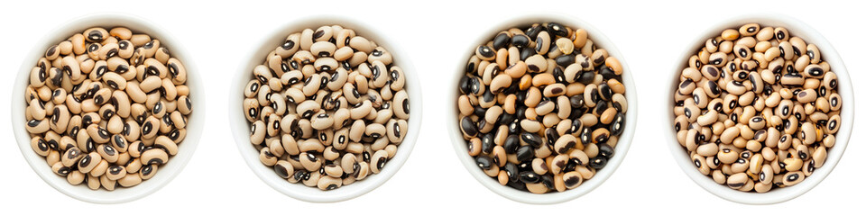 Raw black eyed pea beans in a white bowl isolated on transparent background, PNG, Set of