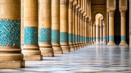 Obraz premium Elegant columns with intricate patterns in a historic building corridor
