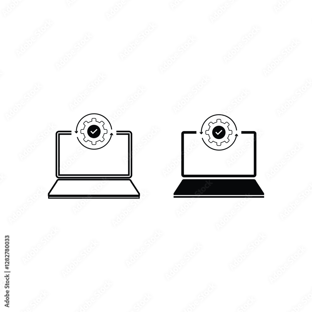 Poster upgrade of software line and silhouette icon set. computer system update pictogram. download process