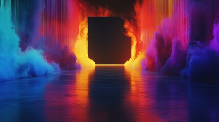 A vibrant, 80s-inspired 3D rendering of a black stage bathed in the pulsating glow of neon lights, casting an ethereal rainbow hue upon the empty space. The backdrop is an abstract masterpiece,