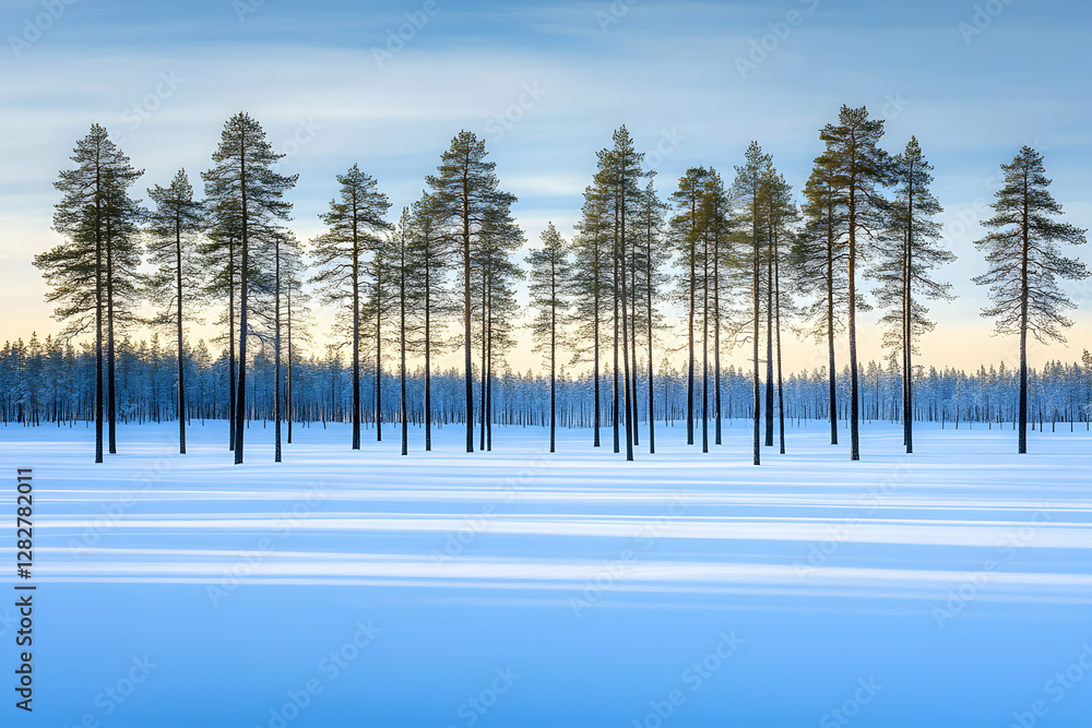 Aufkleber serene winter landscape featuring a row of tall pine trees in a snowy field under a soft blue sky. t