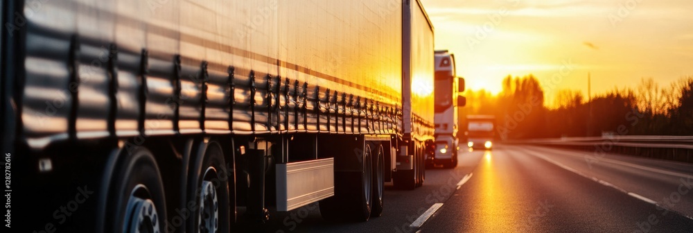 Poster sunset journey of trucks on a highway with warm golden hues in the evening sky. generative ai