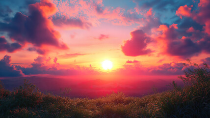 Naklejka premium Breathtaking sunset panorama with vibrant colors stretching across the expansive sky