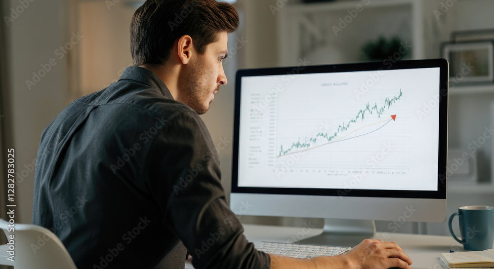 Poster man analyzing rising stock market graph on computer screen in modern office