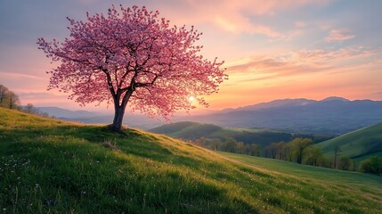 Fototapeta premium Serene Sunset Landscape with Blooming Tree