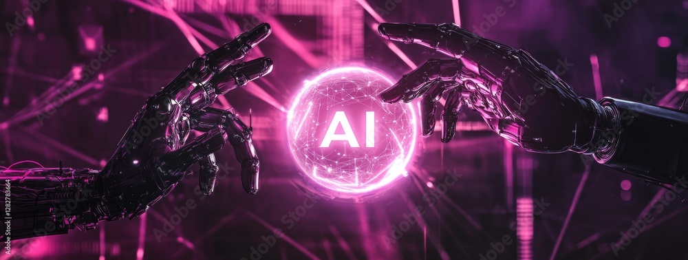 Poster robotic hands interact with ai sphere in digital network