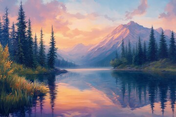 Fototapeta premium A serene mountain lake at sunrise, with colorful reflections of the sky and evergreen trees