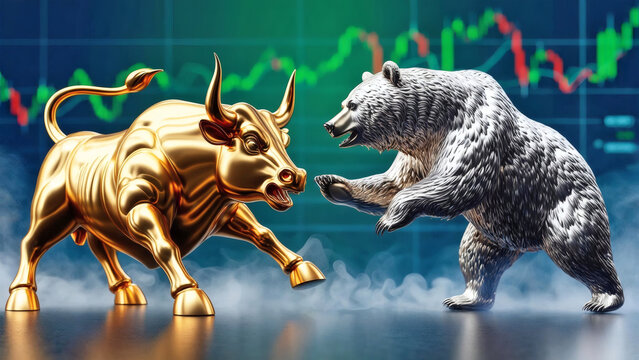 a golden bull and silver bear locked in a fierce battle, symbolizing the clash between bullish optimism and bearish caution in the stock market. The radiant bull charges with power, while the shimmeri