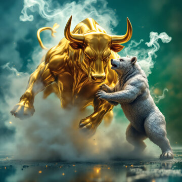 radiant golden bull and a shimmering silver bear symbolizes the fierce rivalry between bullish optimism and bearish caution in the stock market. The bull charges with power, representing growth and pr
