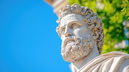 Obraz premium Close-up of ancient bust, park setting, sunny day, historical context, educational use