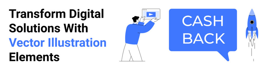 Businessman holding screen, cashback in speech bubble, rocket launch symbolizing success. Ideal for marketing, business growth, cashback offers, startup promotions, digital ads, e-commerce sales