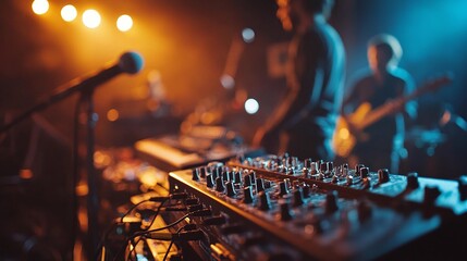 close-up shot of sound technicians and concert crew preparing stage instruments setting up professional audio gear and adjusting equipment for a live music event