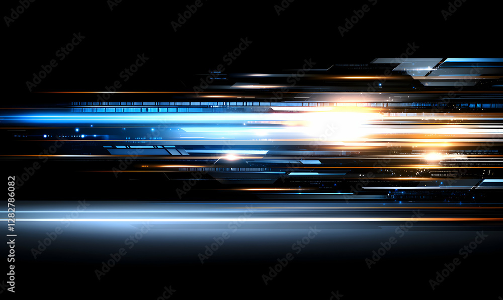 Poster futuristic abstract background with dynamic light streaks and technological elements, ideal for tech