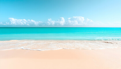 Fototapeta premium Serene beach scene with turquoise water lapping gently onto a pristine sandy shore under a bright blue sky dotted with fluffy white clouds. Perfect for travel and vacation themes.