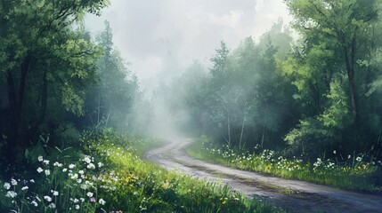 Misty Forest Path Serene Winding Road Through Lush Green Woods