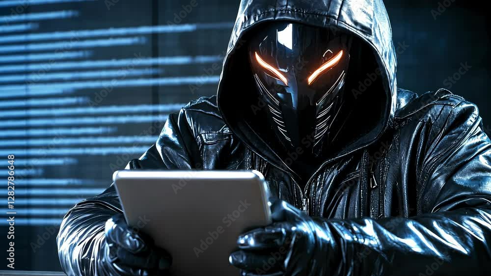 Poster a mysterious figure in a hooded jacket uses a tablet, surrounded by digital code, evoking themes of 