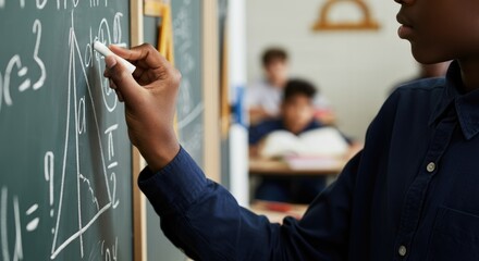 African-American male student solving math problem on blackboard in classroom setting