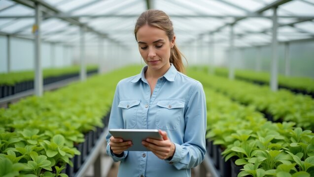 a woman holding a tablet in a greenhouse with rows of plants.