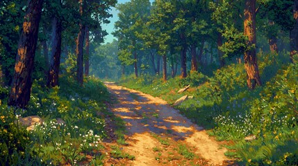 Sunlit Path Through Lush Green Forest