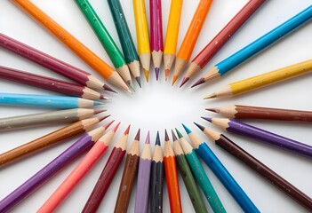 Fototapeta premium A minimalist watercolor background featuring colorful pencils arranged in a circular pattern on white background. 