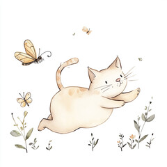 Playful Cat Chasing Colorful Butterfly in Minimalist Isolated Setting Capturing the Joy of Nature and the Curiosity of Feline Friends in a Serene Outdoor Environment