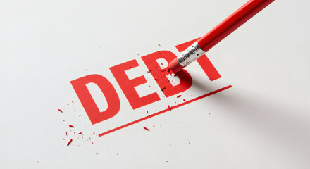 A close-up, top-down shot of a red pencil erasing the word 'DEBT' written in bold red letters on a white background. This conceptual photograph symbolizes eliminating or reducing debt, financial freed