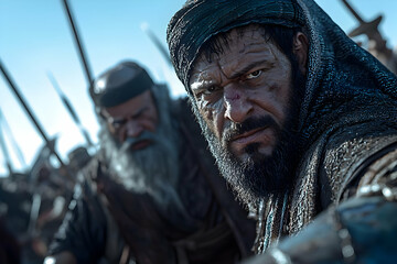 Obraz premium Intense Close-up of a stern warrior, amidst a blurred background of soldiers and spears, suggesting a historical battle scene, ideal for film promotion or historical documentaries