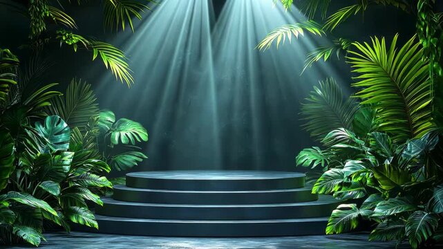 Lush tropical stage setup with spotlight beams illuminating the vibrant green foliage