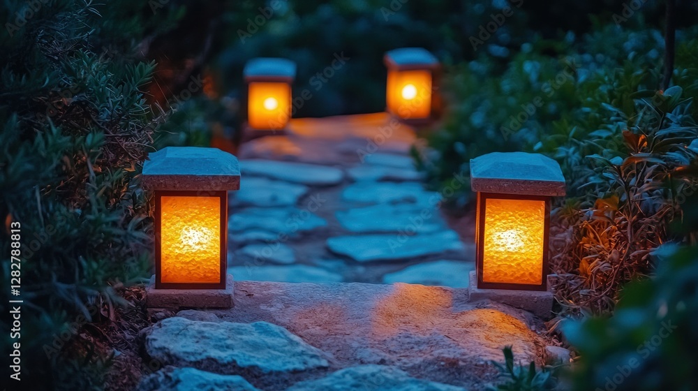 Poster lit path with stone lanterns in a peaceful garden at dusk