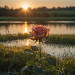 A rose in grass illuminated by golden sunrise light, with a peaceful lake behind.