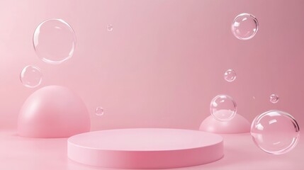 Soft Pink Background with Floating Bubbles and Geometric Shapes