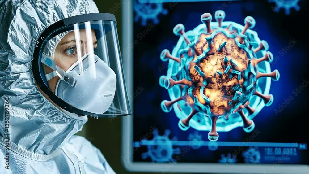 Poster for emergency protocols, scientist in protective gear analyzing data on a monitor, showcasing the im