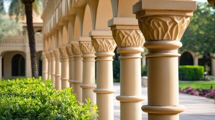 Naklejka premium Elegant Architectural Columns in a Garden Setting with Greenery