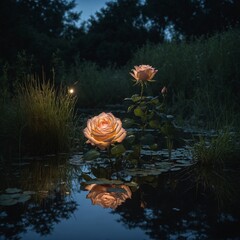 A glowing rose in moonlight, standing in tall grass with reflections in a quiet pond.
