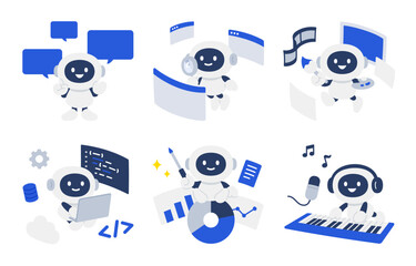 会話･調査･生成･プログラミングをするAIロボットのセット【ベクターイラスト素材】