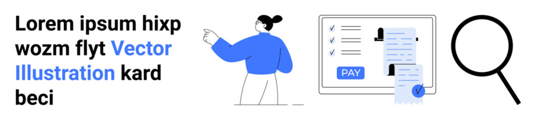 Woman gesturing towards a digital screen displaying payment options and document lists. Large magnifying glass signifying search or analysis. Ideal for finance, banking, online transactions