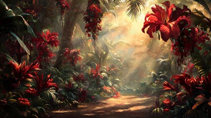 Sunlit Path Through Lush Red Flowered Jungle