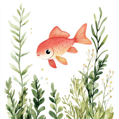 Minimalist Image of a Fish Swimming Gracefully Among Lush Green Plants in a Serene Aquatic Environment Isolated on a Clean Background for a Tranquil and Calming Effect